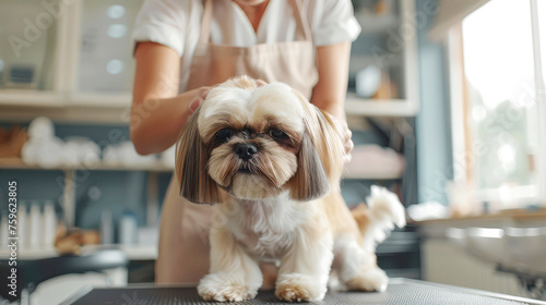 female groomer carefully trims the fur of a Shih Tzu dog in a modern grooming salon photo
