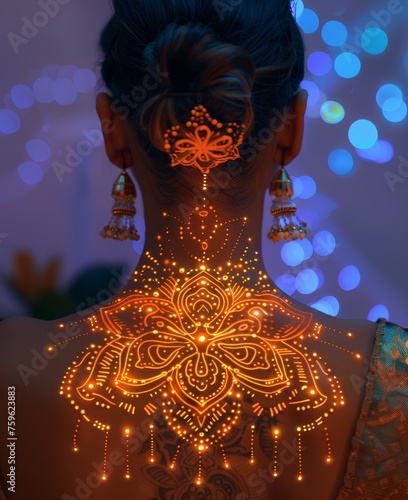Intricate Henna Mandala Neon Enigma Techno-Symphonies Holographic Realism