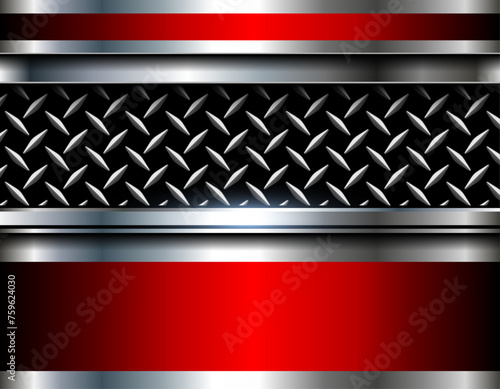 Metallic silver red background, 3d metal shiny chrome with diamond plate texture, technology background.