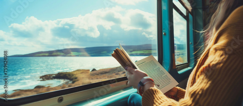 women reading book at train with beach view. summer travel vacation concept background photo