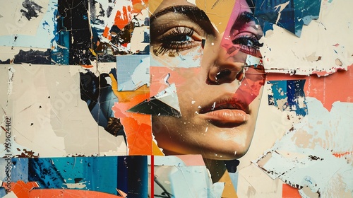 a young woman trendy paper collage composition, abstract modern art collage portrait