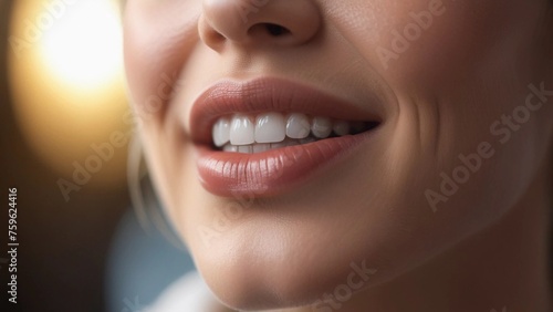 A closeup of a womans smiling mouth with perfectly white teeth  glossy lipstick on her lips  and long eyelashes. Her jawline is defined  and her happy expression radiates through her bright smile