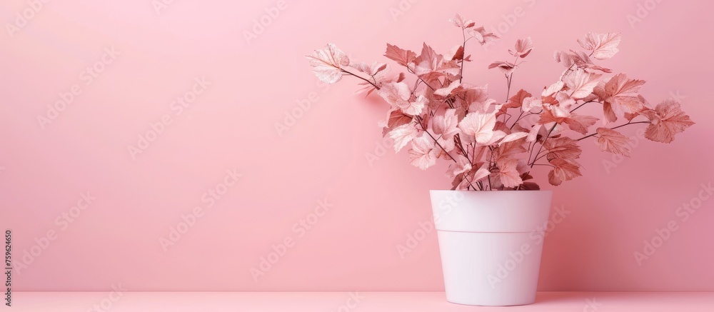 Minimalist concept with dry leaves in a white pot on a pink backdrop. Minimalist concept with dry leaves in a white pot on a pink backdrop.
