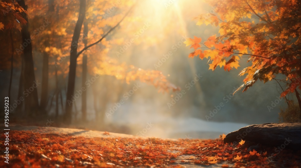 a beautiful autumn landscape with fallen leaves in a forest glade at sunset, sunlight and beautiful nature