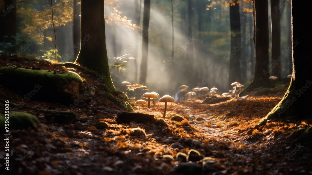 a beautiful autumn landscape with fallen leaves in a forest glade at sunset, sunlight and beautiful nature a beautiful autumn landscape with fallen leaves in a forest glade at sunset, sunlight and beautiful nature