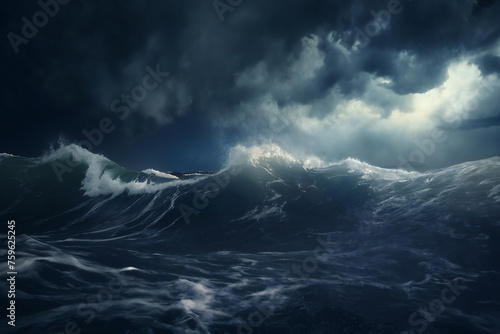 sea storm, dark dramatic stormy sky with cumulus clouds over waves for abstract background © soleg