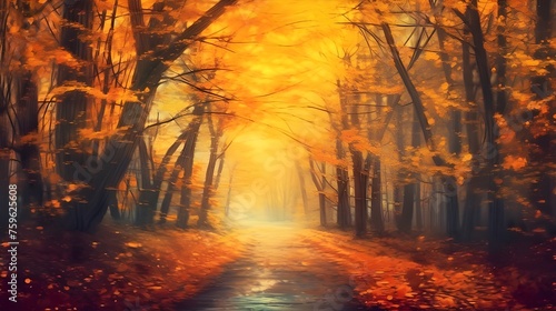 Fantasy dramatic autumn tree path leaves falling breathtaking amazing stunning landscape  © Phatto