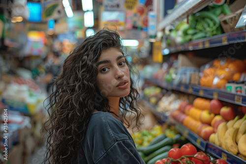 An italian model in a market buying fresh fruits