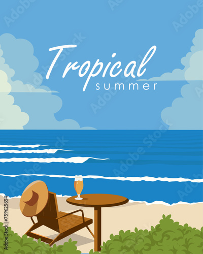 Tropical beach, summer time, sea, ocean. Poster, banner, postcard, cover design