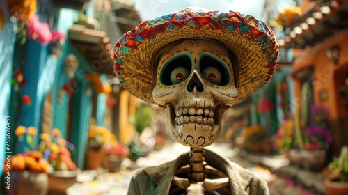 cartoon skeleton painted for the holiday in a mexican hat and orange flowers in the eye sockets, for cinco de mayo