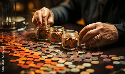 Person Putting Coins in Jar on Table