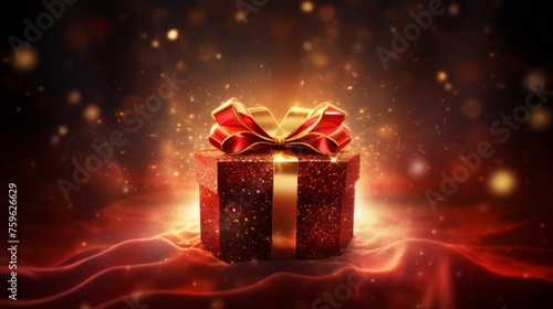 A red gift box with a gold bow with a magical light coming from it © Katya