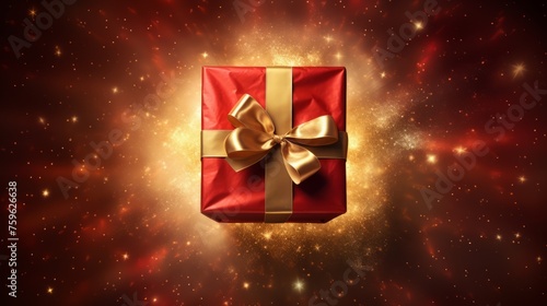 A red gift box with a gold bow with a magical light coming from it, top view 
