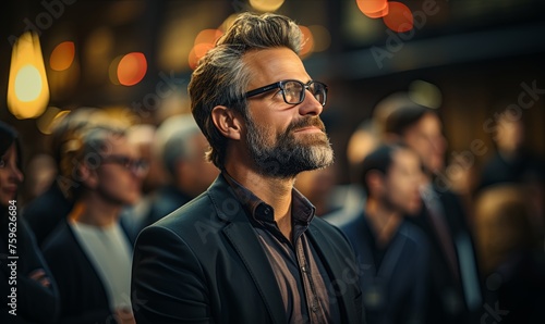 Bearded Man With Glasses Addressing Crowd