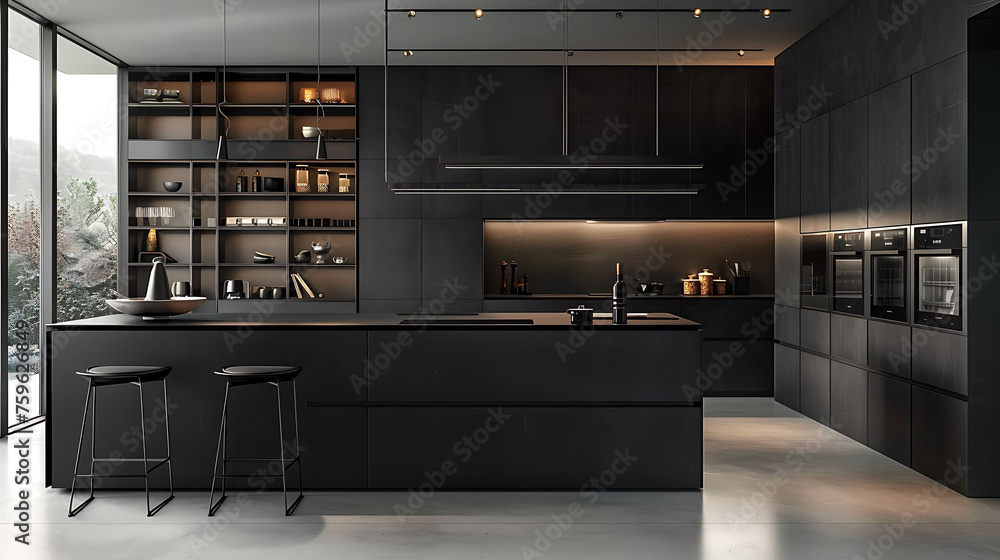 Modern style kitchen featuring frameless cabinets in a matte black color scheme for a bold statement - obrazy, fototapety, plakaty 