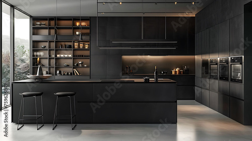 Modern style kitchen featuring frameless cabinets in a matte black color scheme for a bold statement