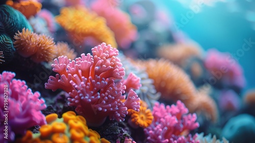 close up of colorful sea coral reef claymation, penetration light, text copy space © growth.ai