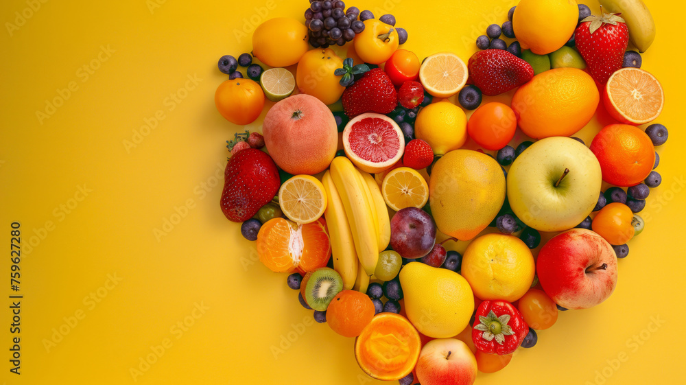A vibrant collection of various fruits is arranged meticulously in a heart shape against a bright yellow backdrop A vibrant collection of various fruits is arranged meticulously in a heart shape against a bright yellow backdrop