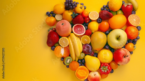 A vibrant collection of various fruits is arranged meticulously in a heart shape against a bright yellow backdrop