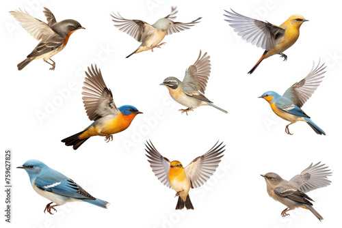 set of flying garden birds isolated on white background  cutout