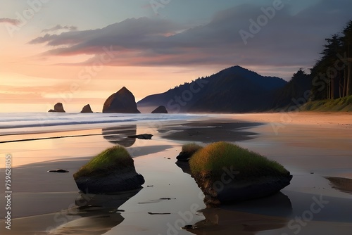 Cannon beach dusk sunset coast nature landscape at low tide Generative AI