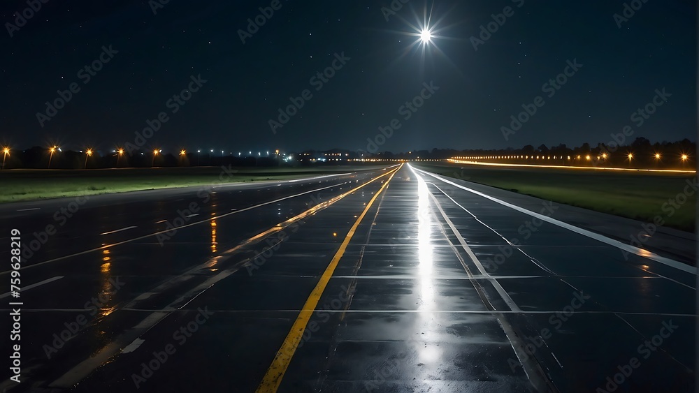 A stunning night-time photo of an airplane descending towards the runway. The lights of the runway are brightly lit,