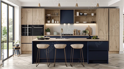 Modern style kitchen incorporating two-tone cabinets, with upper cabinets in a light wood finish and lower cabinets in navy blue