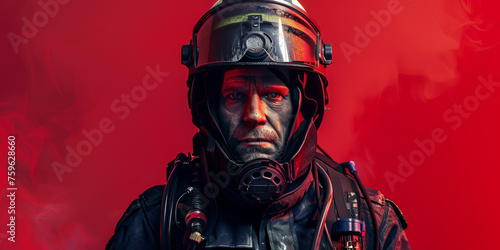 A serious-looking firefighter wearing a mask and full gear with a red smoke backdrop