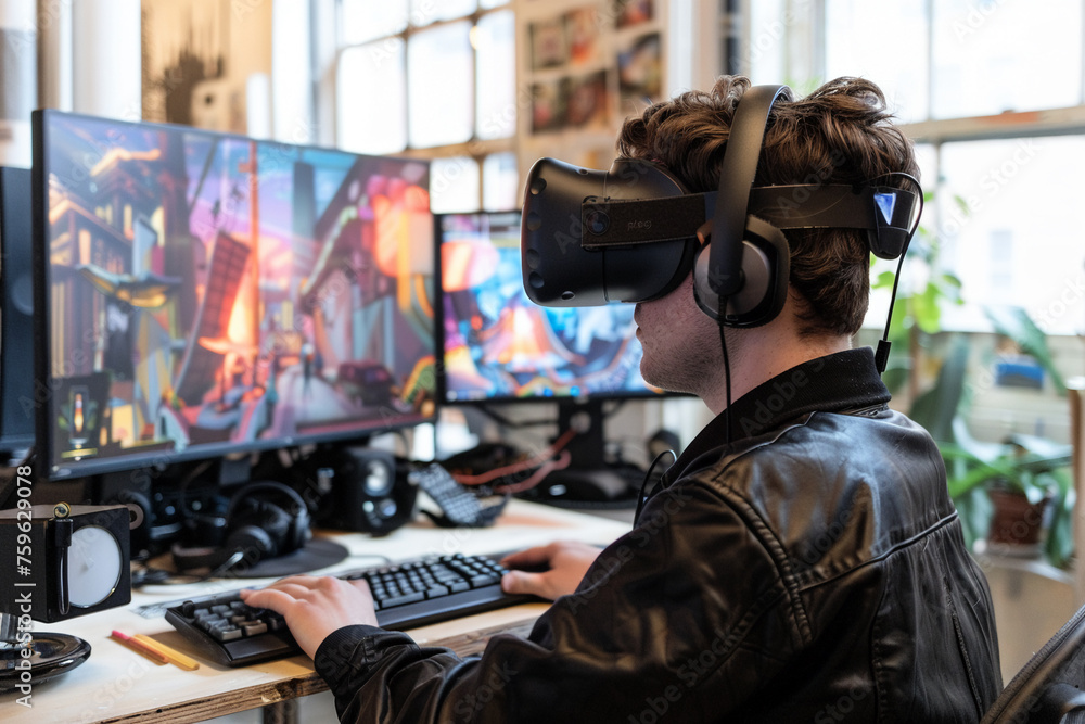 A virtual reality game development studio where designers collaboratively build and test games in a shared digital space