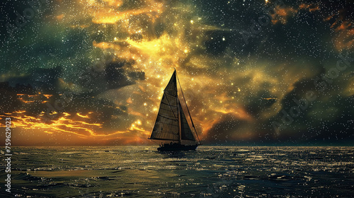 A traditional sailboat navigating by the stars