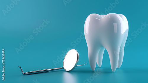 3D-rendered tooth and dental mirror on vibrant blue background, representing dental health and care.