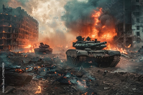 Armored tanks crossing minefields during war invasion Epic scene of fire and parts in destroyed city