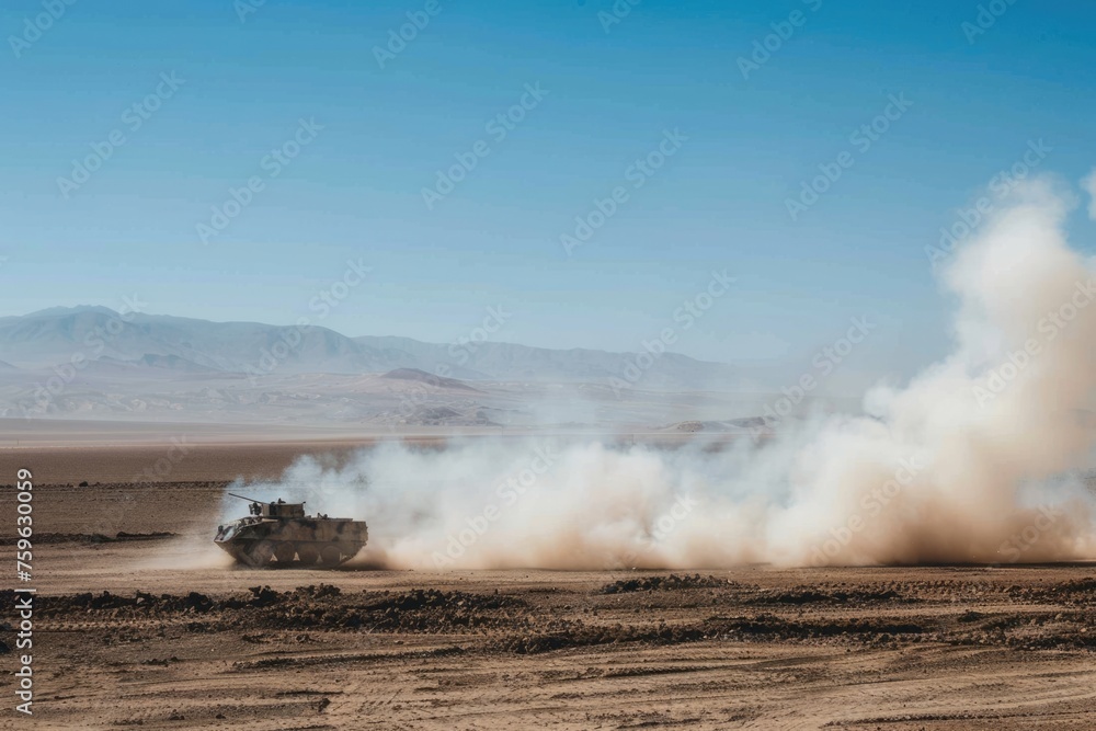 military armored vehicle crosses the field, dust and smoke around