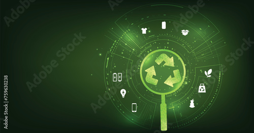Recycling concept. Recycling symbol and icon different garbage on a dark green background.