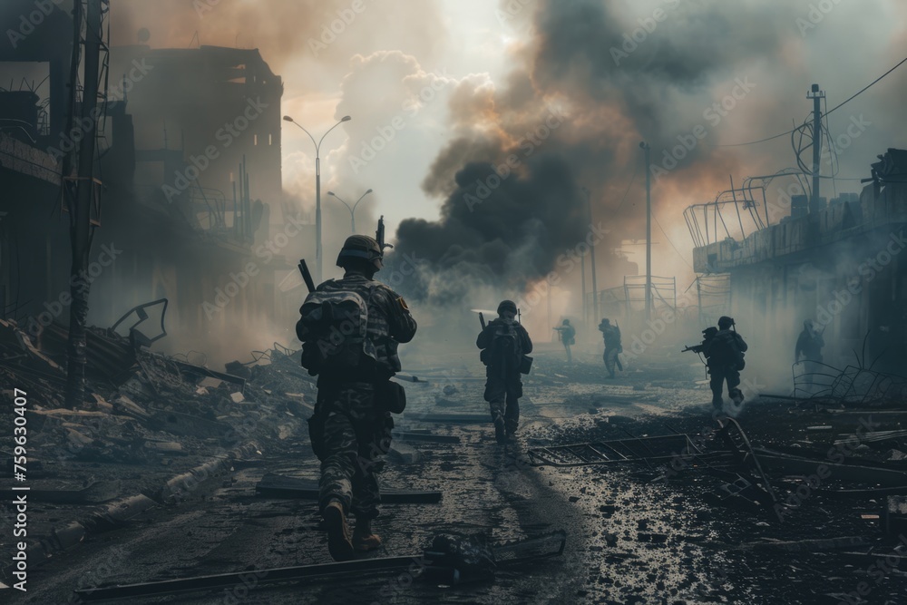 soldiers crossing a city street destroyed by bombs and smoke