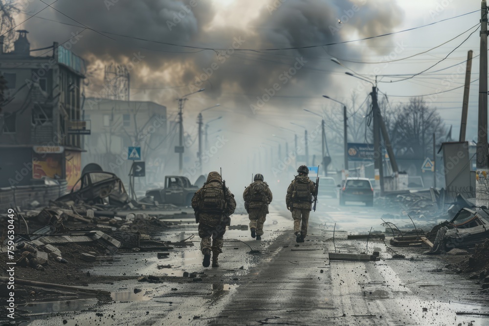 soldiers crossing a city street destroyed by bombs and smoke soldiers crossing a city street destroyed by bombs and smoke