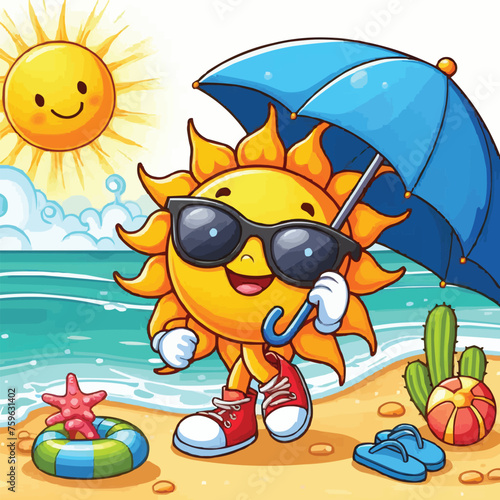 Happy sun with sunglasses and umbrella cartoon illustration
