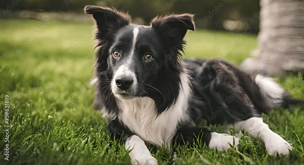 Border Collie Dog Laying in Grass in a Park, Basking in the Sunlight Border Collie Dog Laying in Grass in a Park, Basking in the Sunlight