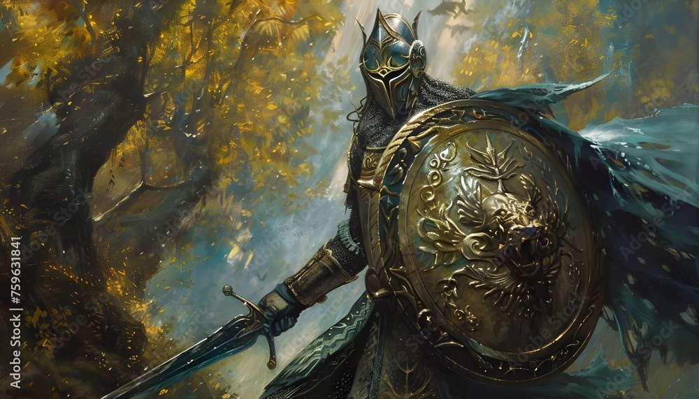 Elf warrior with shield and scimitar - obrazy, fototapety, plakaty 