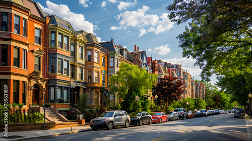 Washington, DC Row Houses Colorful James Joyce WASHINGTON D.C., USA - CIRCA MAY 2017: Colorful row houses on Capitol Hill, a historic residential neighborhood in Washington, Generative Ai © shehzad