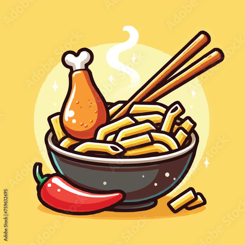 pasta and chicken leg with chopstick cartoon vector icon illustration food object icon concept isolated yellow background