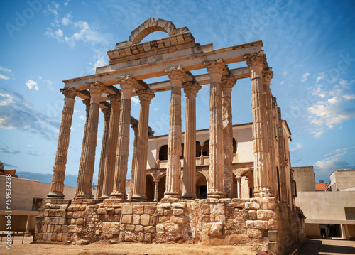 Roman ruins of the Temple of Diana in the city of Merida in the province of Badajoz, Spain. photo