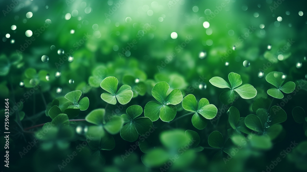 Rich green clover lawn, sunny banner, symbol of good luck. Natural floral texture with a pattern of green leaves on a flower bed. The background image is green. St. Patrick's Day, copy space Rich green clover lawn, sunny banner, symbol of good luck. Natural floral texture with a pattern of green leaves on a flower bed. The background image is green. St. Patrick's Day, copy space