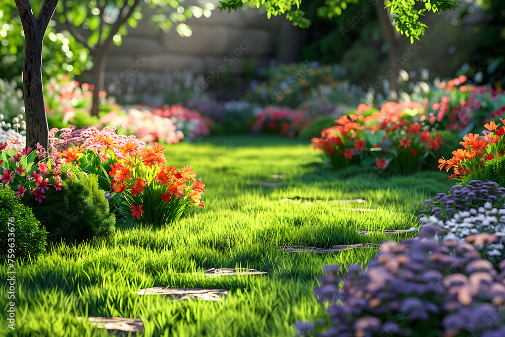 A beautiful and colorful spring garden with flowers and lush green lawn grass. Perfect for nature and gardening-related concepts.