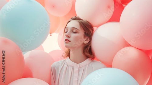 A girl model surrounded by floating pastel balloons on a serene, minimalistic background.