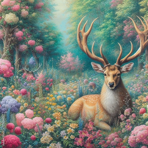 Painting of a deer in a field of flowers with a bird nearby generative ai  © rodoo