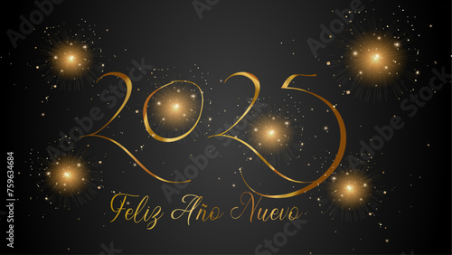 tarjeta o pancarta para desear un feliz año nuevo 2025 en oro sobre un fondo negro degradado con estrellas y purpurina dorada