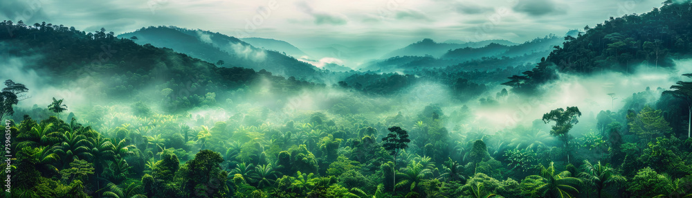 Jungle, tropical forest, morning fog, top view. - obrazy, fototapety, plakaty 