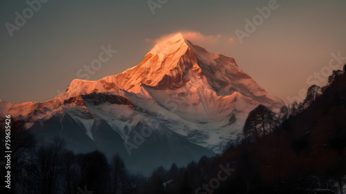 Scenic view of snow covered Annapurna mountain against sky during sunrise