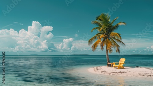One yellow lounge chair next to a palm tree on a tiny sand island in the middle of the Caribbean tropical ocean.